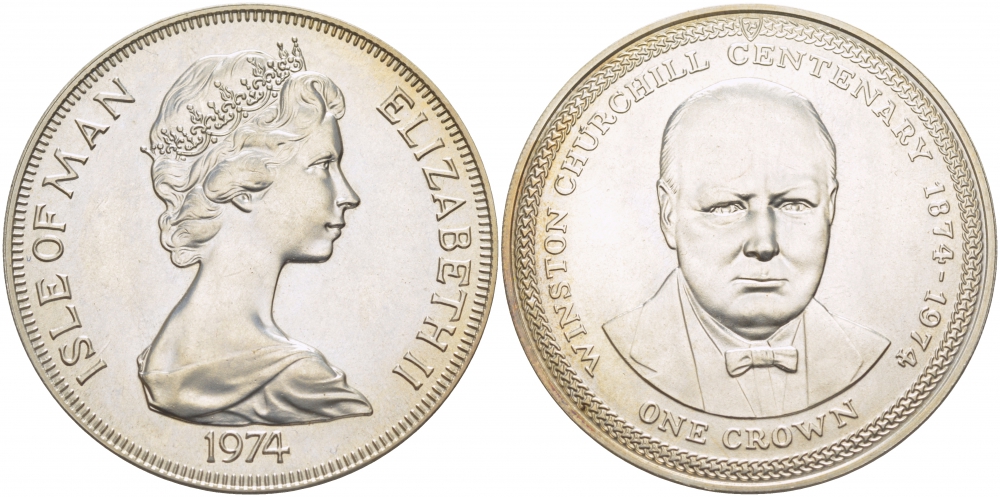 Остров Мэн 1 крона 1974 100 лет со дня рождения Уинстона Черчилля KM 30a серебро UNC 11-173-21