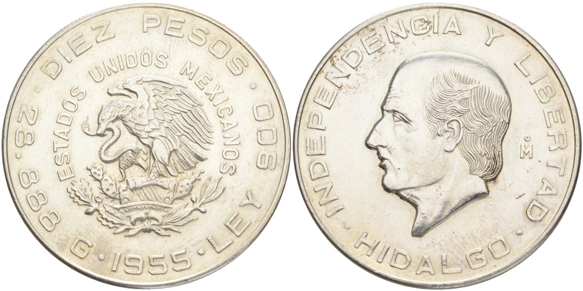 Мексика 10 песо 1955 Мо, Мигель Идальго, свобода и независимость KM 474 серебро 443-1335