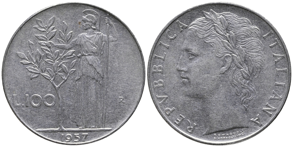 ИТАЛИЯ 100 ЛИР 1957 R, АФИНА KM 96.1 нержавеющая сталь 32-945