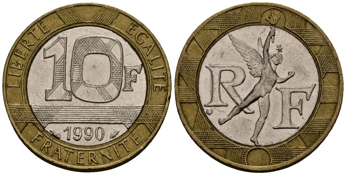 Франция 10 франков 1990 тип Гений Бастилии KM 964.1, Le Frank 375.5 биметалл 4138-327