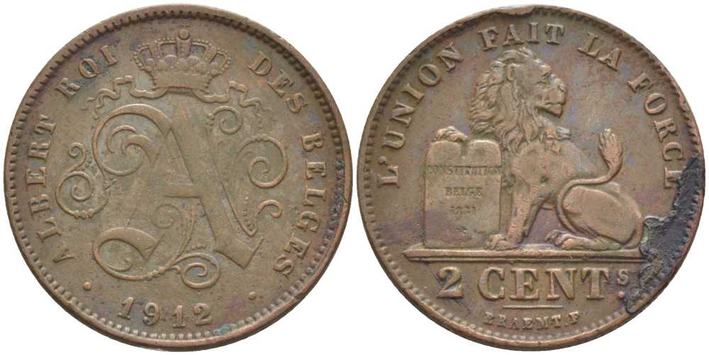 БЕЛЬГИЯ 2 САНТИМА 1912 BELGES, АЛЬБЕРТ I (1909-1934) KM 64 медь 119-325