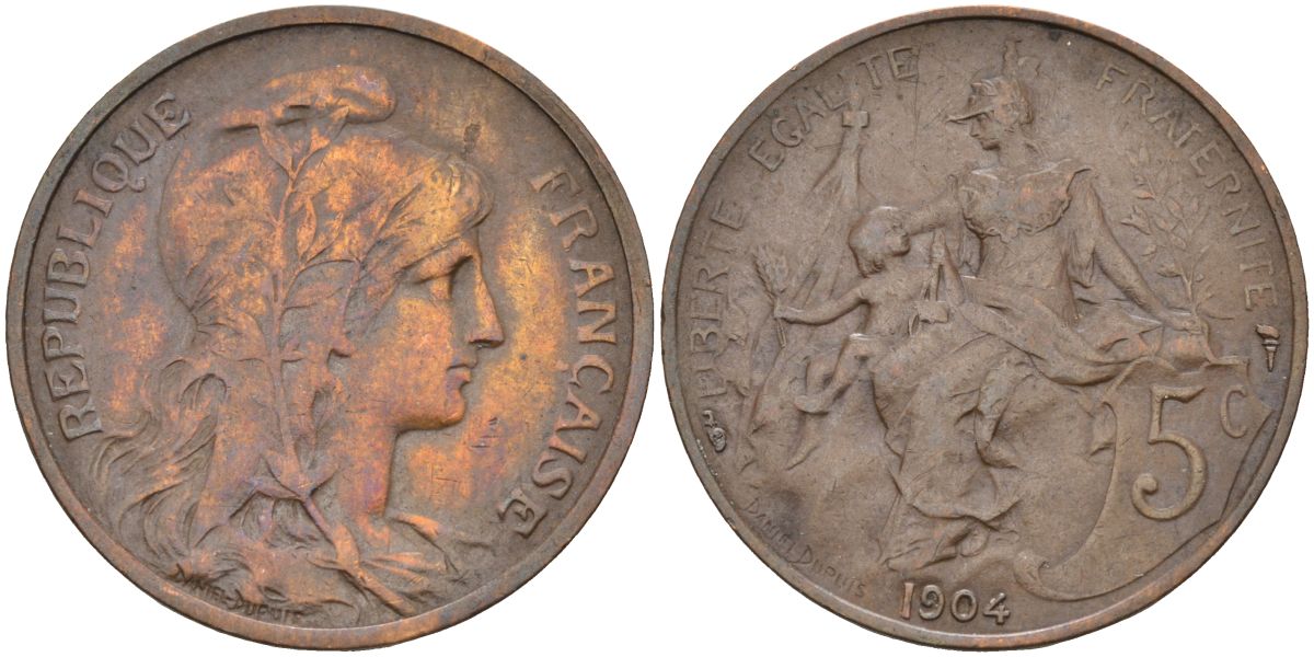 Франция 5 сантимов 1904 тип Даниэль Дюпюи KM 842, Le Franc 119.14 бронза 4126-626