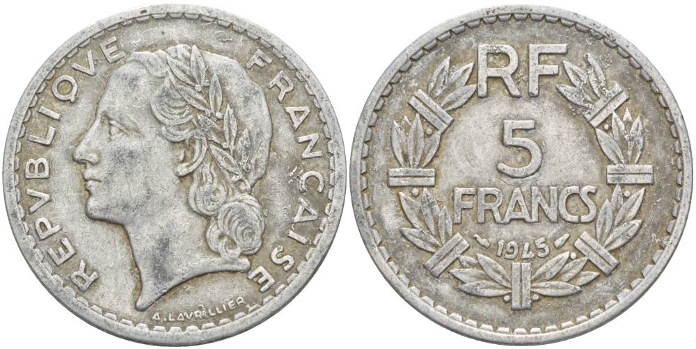ФРАНЦИЯ 5 ФРАНКОВ 1945 9 ОТКРЫТАЯ KM 888b.1, LE FRANC 339.3 алюминий 4545-923