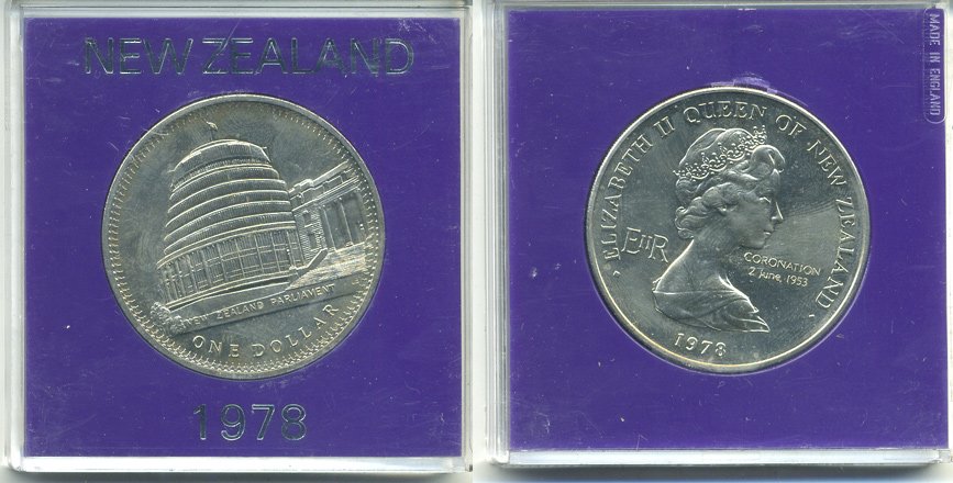 Новая Зеландия 1 доллар 1978 25 лет коронации Елизаветы II и открытие здания Парламента, Елизавета II (1952-2022), в оригинальной пластиковой упаковке KM 47 медно-никель UNC 3-4-5-43