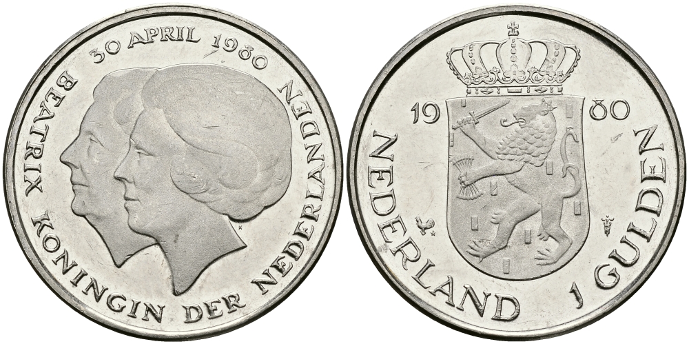 Нидерланды 1 гульден 1980 на коронацию Беатрикс, 30 апреля 1980 KM 200 никель 94-715