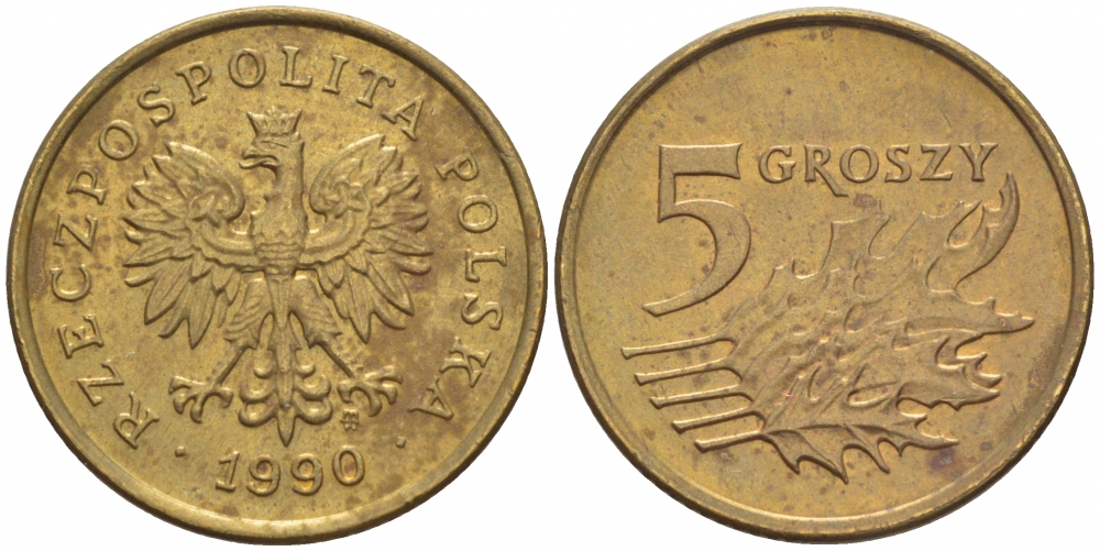 ПОЛЬША 5 ГРОШЕЙ 1990 MW KM 278 латунь 112-1161