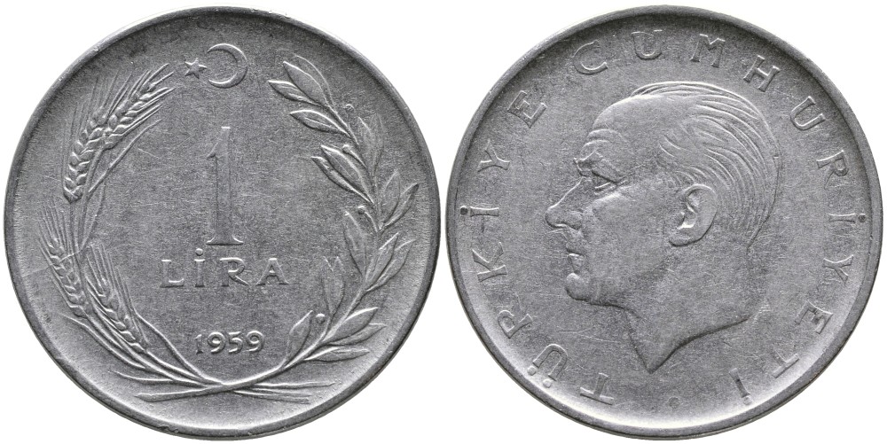 Турция 1 лира 1959 Мустафа Кемаль Ататюрк KM 889а.1 нержавеющая сталь 4541-233