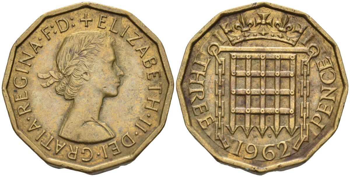 Великобритания 3 пенса 1962 Елизавета II (1952-2022) KM 900, Spink 4153 никель латунь 4126-332