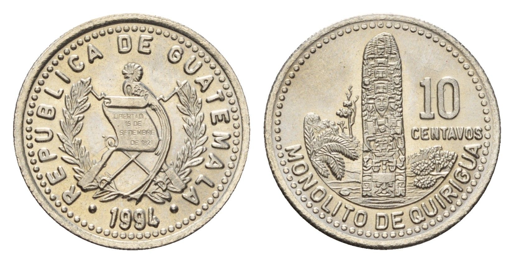 Гватемала 10 сентаво 1994 KM 277 медно-никель UNC 4649-325