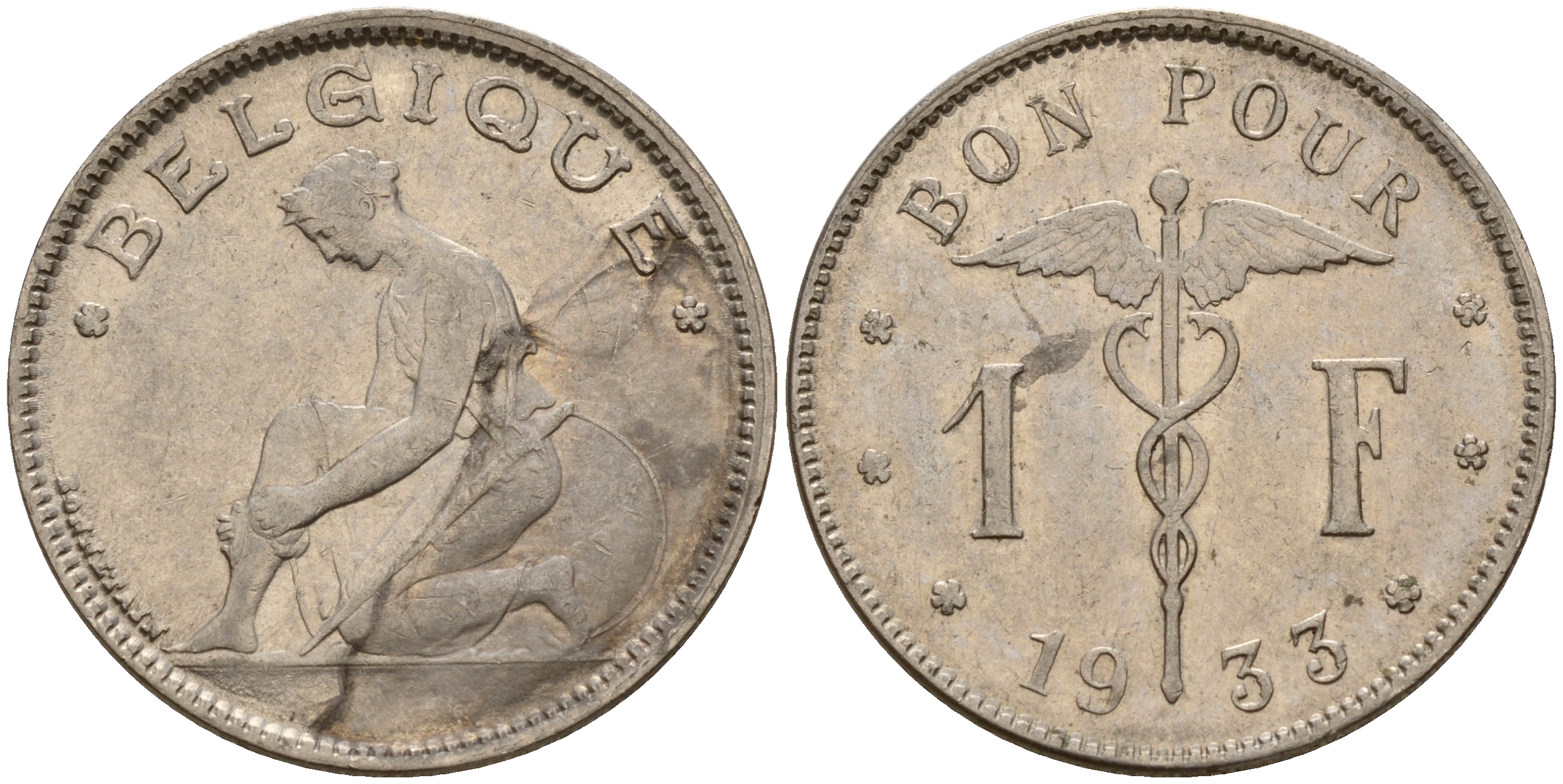 Бельгия 1 франк 1933 Belgique KM 89 никель    4161-1216