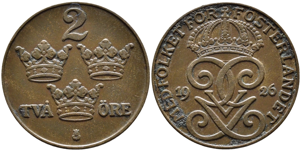 Швеция 2 эре 1926 Густав V (1907-1950) KM 778 бронза 67-1112