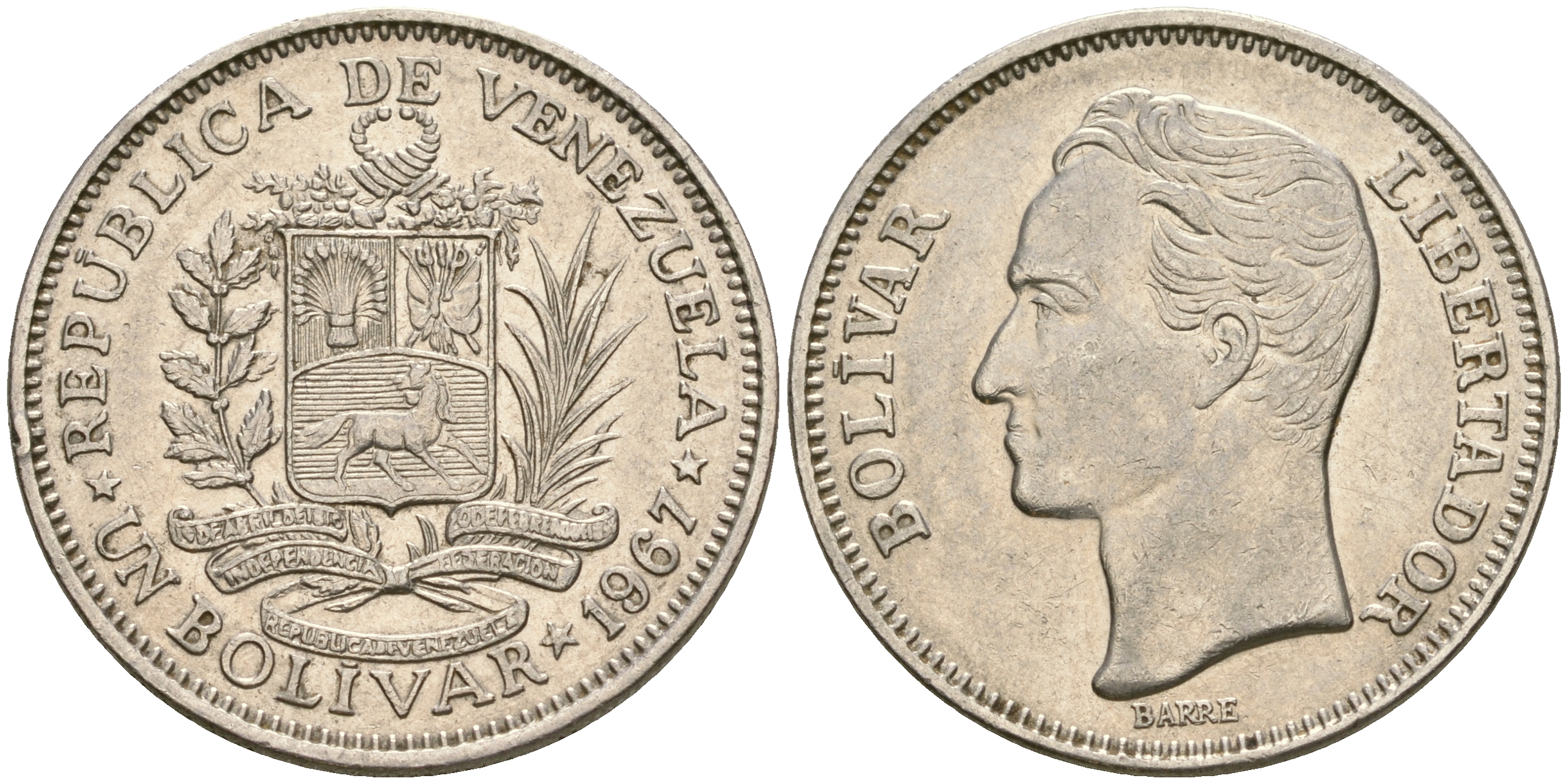 Венесуэла 1 боливар 1967 Симон Боливар KM 42 никель 4364-2812