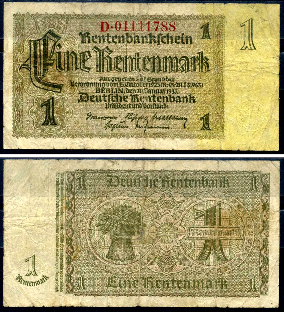 Германия 1 рентенмарка 1937 30 января 1937, восемь цифр в номере, серия D Pick 173 b, Rosenberg 166 b бумага 7376-36-1-1