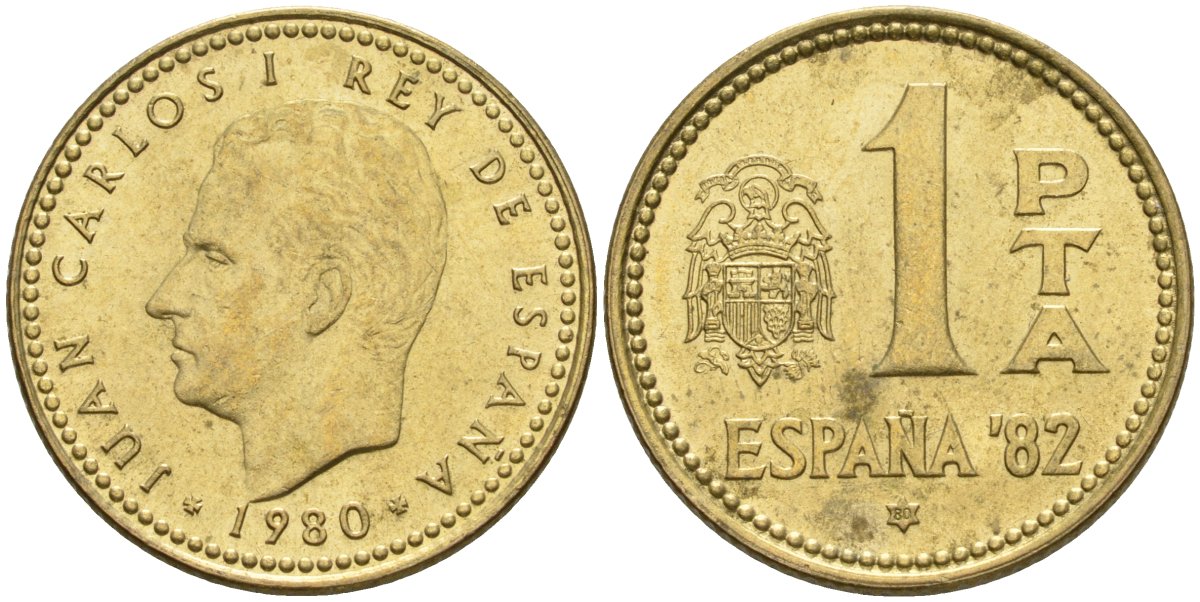 Испания 1 песета 1980 (80) чемпионат мира по футболу 1982 года в Испании, Хуан Карлос I (1975 - 2014) KM 816 алюминиевая бронза 4604-454
