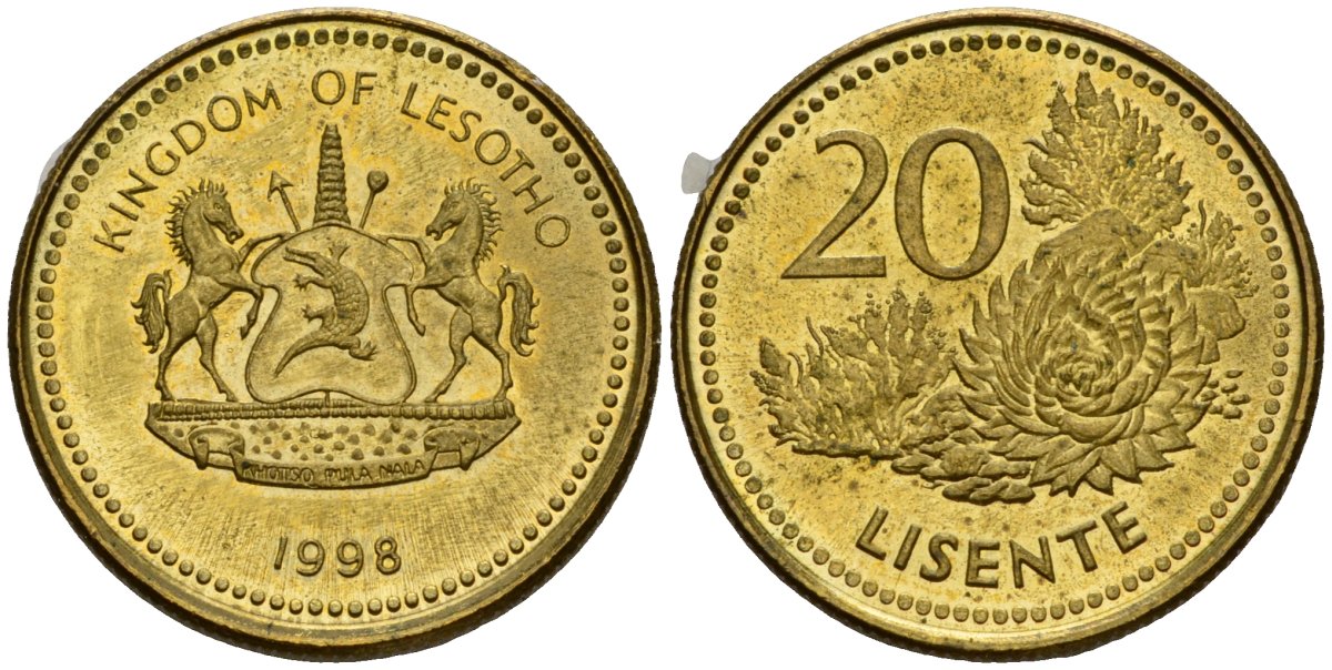 Лесото 20 лисенте 1998 KM 64 сталь плакированная латунью UNC 4602-1131