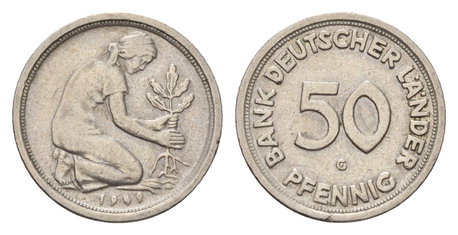 ФРГ 50 пфеннигов 1949 G KM 104, J. 379 медно-никель 4618-1259