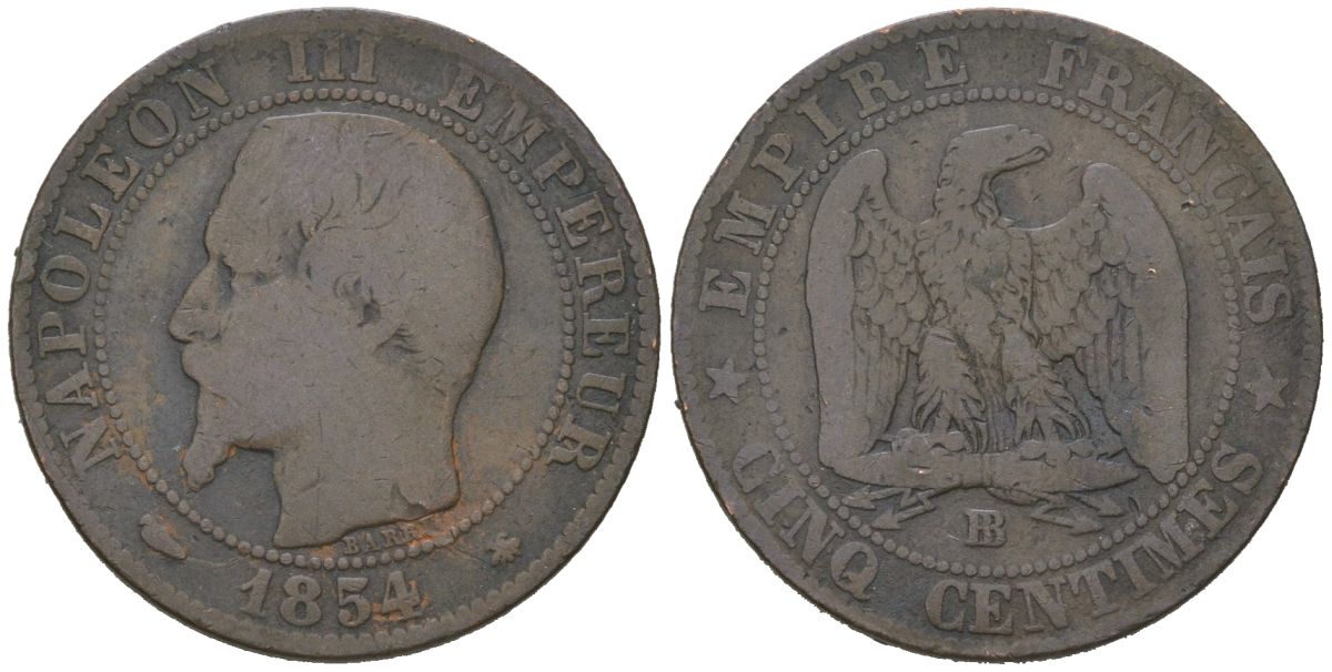 Франция 5 сантимов 1854 BB, Наполеон III (1852-1870) KM 777.3 бронза 4586-415
