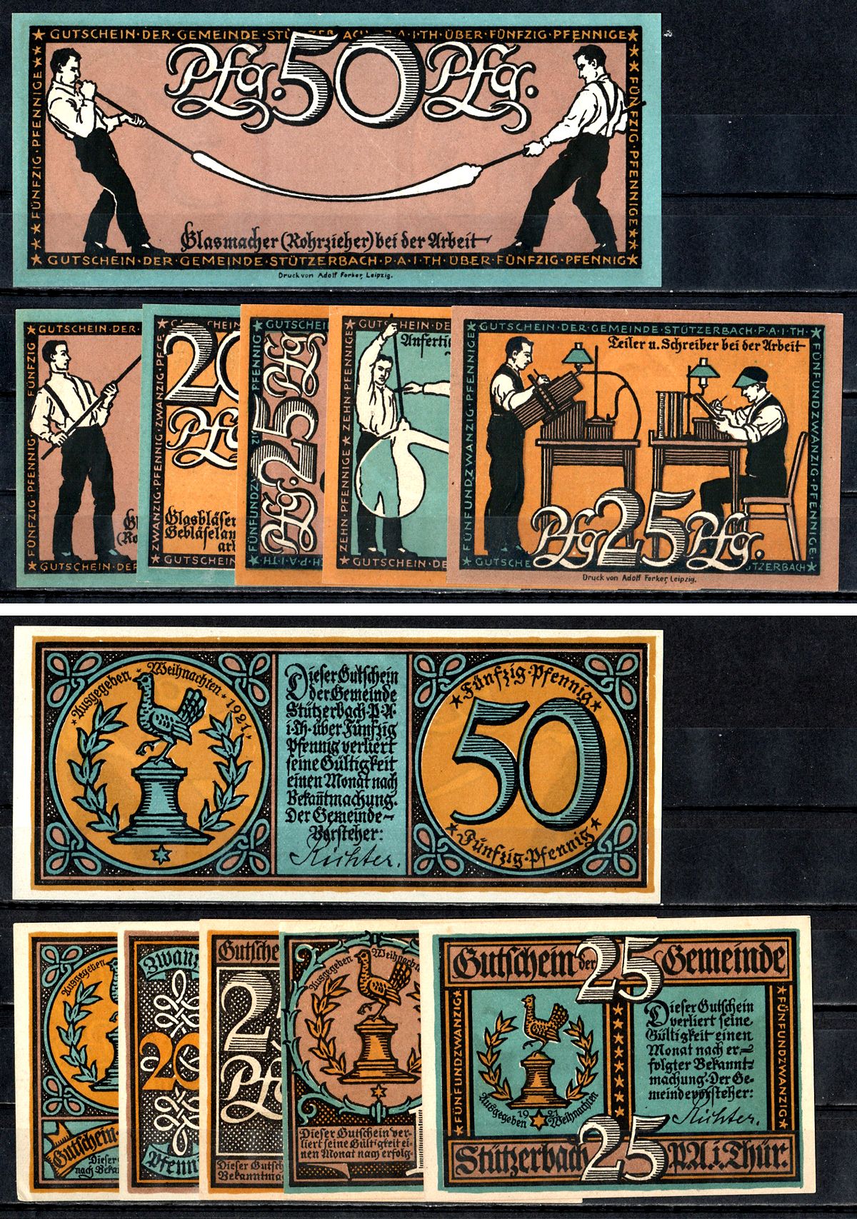 Штютцербах (Пруссия, Саксония) полный набор из 6 нотгельдов (10, 20, 25 и 50) 1921 Mehl Grabowski 1286.1a бумага UNC (пресс) 7556-53-4-2