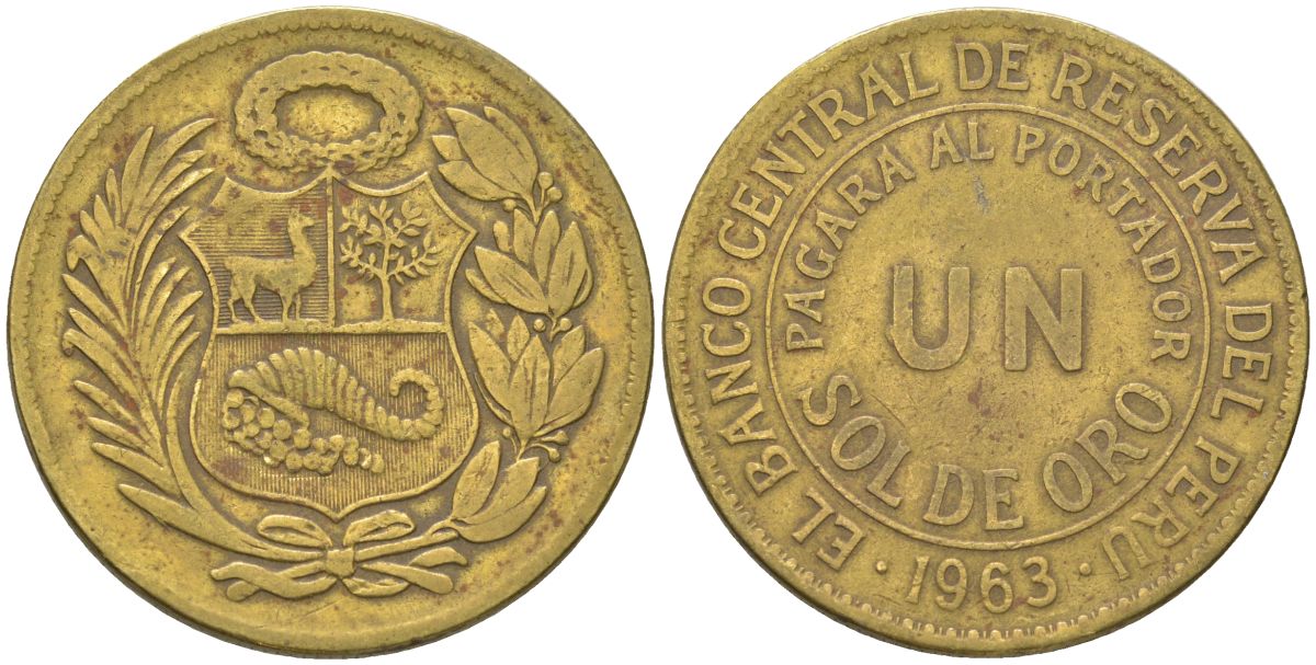 Перу 1 соль 1963 KM 222, Schon 24 латунь 00-00