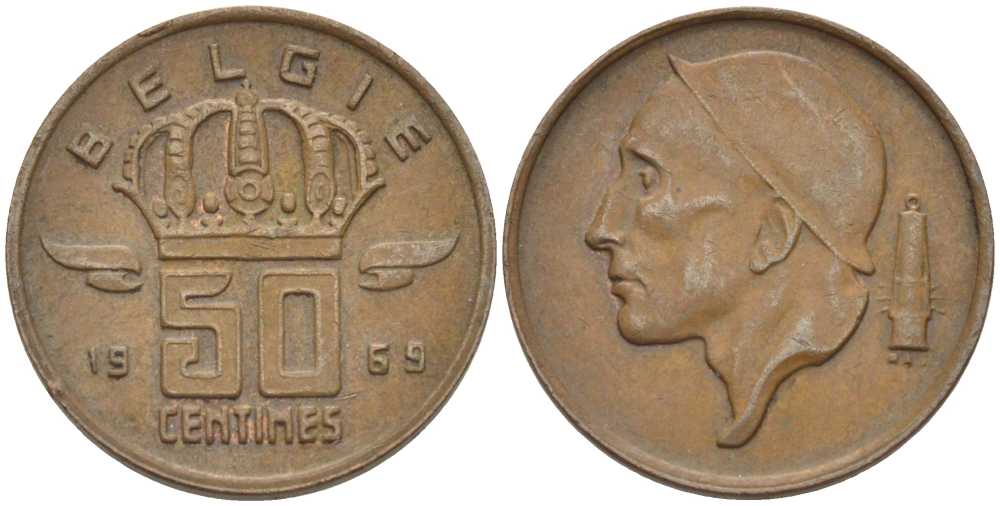 Бельгия 50 сантимов 1969 Belgie, Бодуэн I (1951-1993) KM 149.1 бронза 3458-115