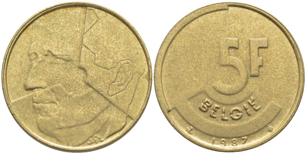 БЕЛЬГИЯ 5 ФРАНКОВ 1987 BELGIE, БОДУЭН I (1951-1993) KM 164 латунь или алюминиевая бронза 119-857