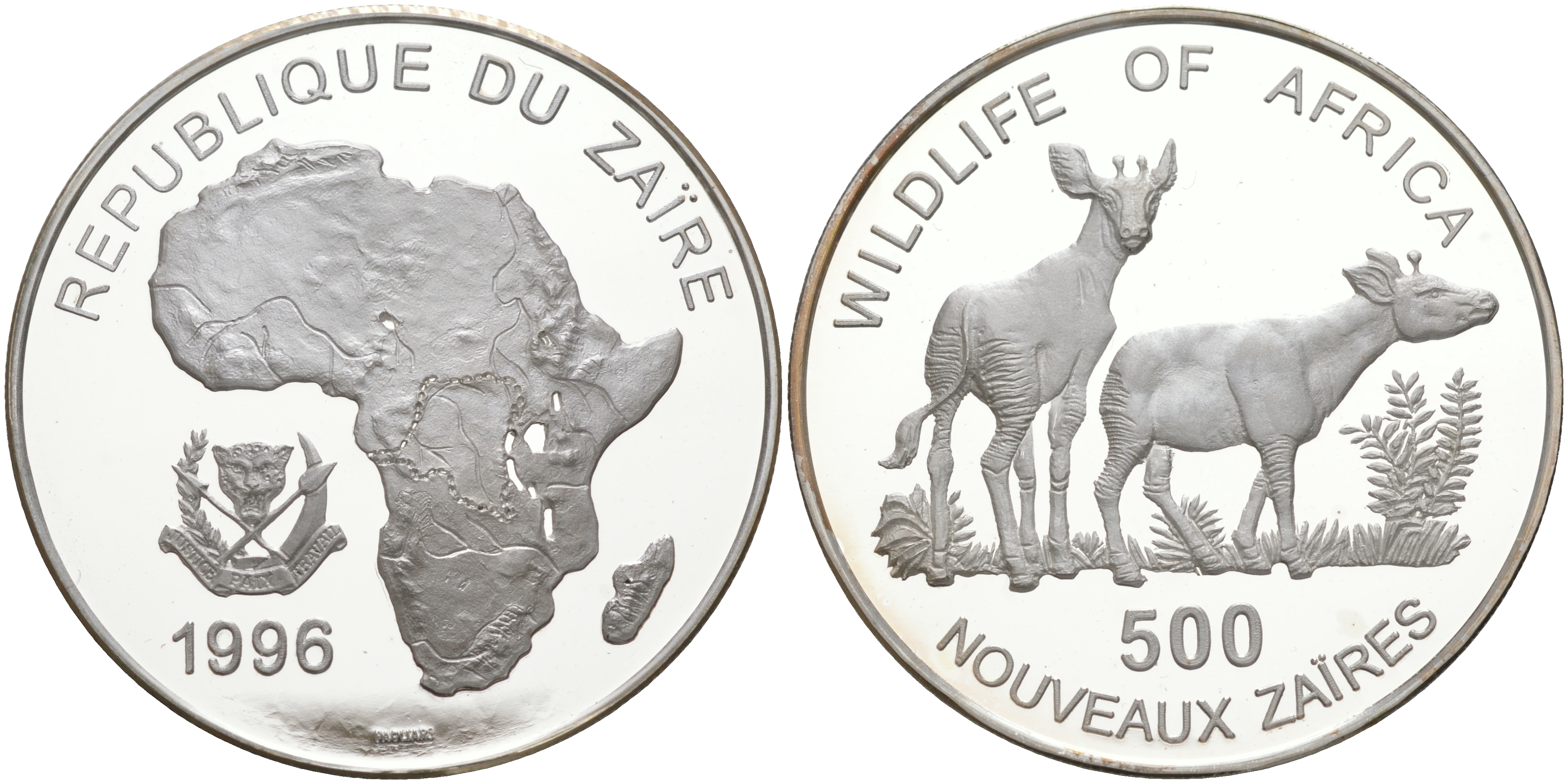 Заир 500 новых заиров 1996 серия защита окружающей среды, окапи, тираж 10000 экз. KM 22 серебро PROOF 1074-5-62