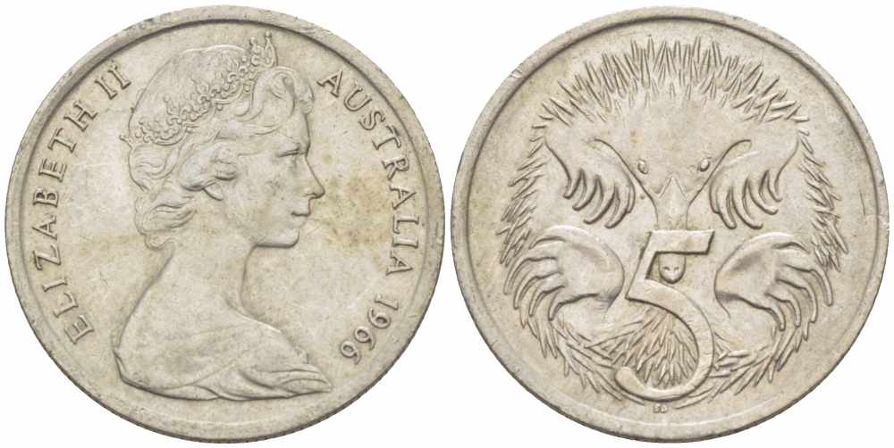АВСТРАЛИЯ 5 ЦЕНТОВ 1966 ЕЛИЗАВЕТА II, МОЛОДОЙ ПОРТРЕТ, ЕХИДНА KM 64 медно-никель 105-716