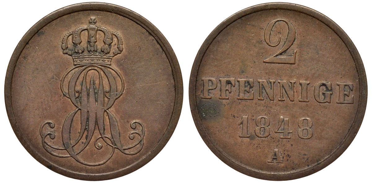 Ганновер 2 пфеннига 1848 A, Эрнст Август (1837-1851) KM 202.2, AKS 125, J. 75 медь 75-1921