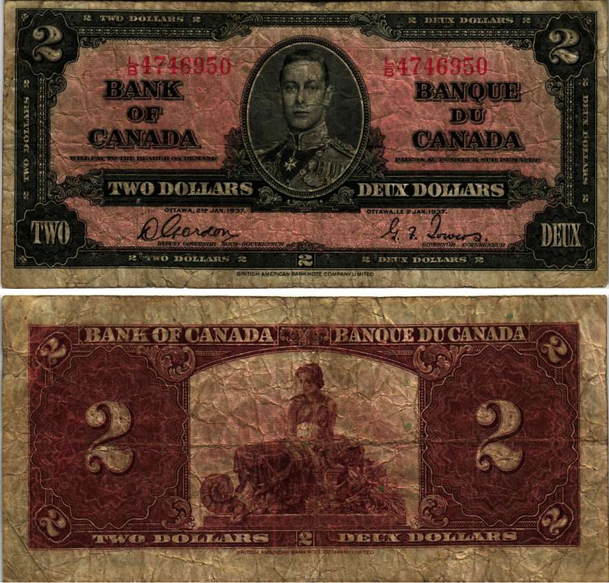 КАНАДА 2 ДОЛЛАРА 1937 ГЕОРГ VI, ПОДПИСЬ GORDON-TOWERS, BABNC Pick 59b бумага 7485-21-3