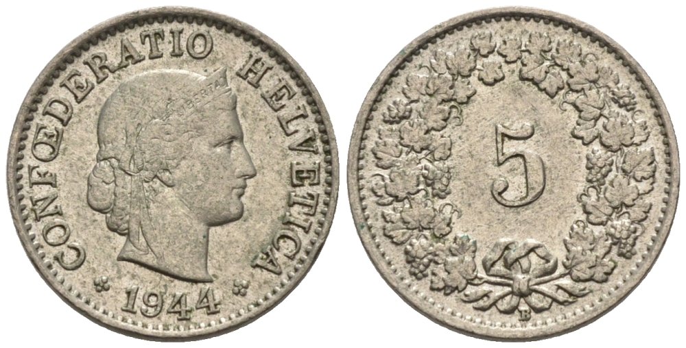 Швейцария 5 раппенов 1944 В KM 26 медно-никель 4576-925