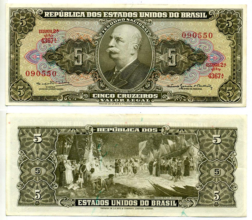Бразилия 5 крузейро 1962-1964 ESTAMPA 2A, серия 4367, signatures: Sйrgio Augusto Ribeiro & Octбvio Gouvкa de Bulhхes Pick 176d бумага aUNC 7219-28-3-1