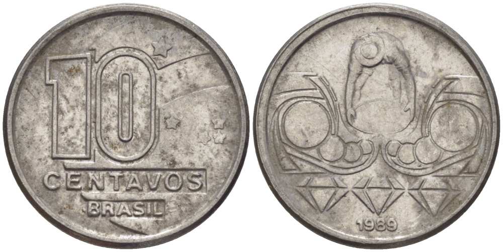 Бразилия 10 сентаво 1989 золотодобыча KM 613 нержавеющая сталь 116-1049