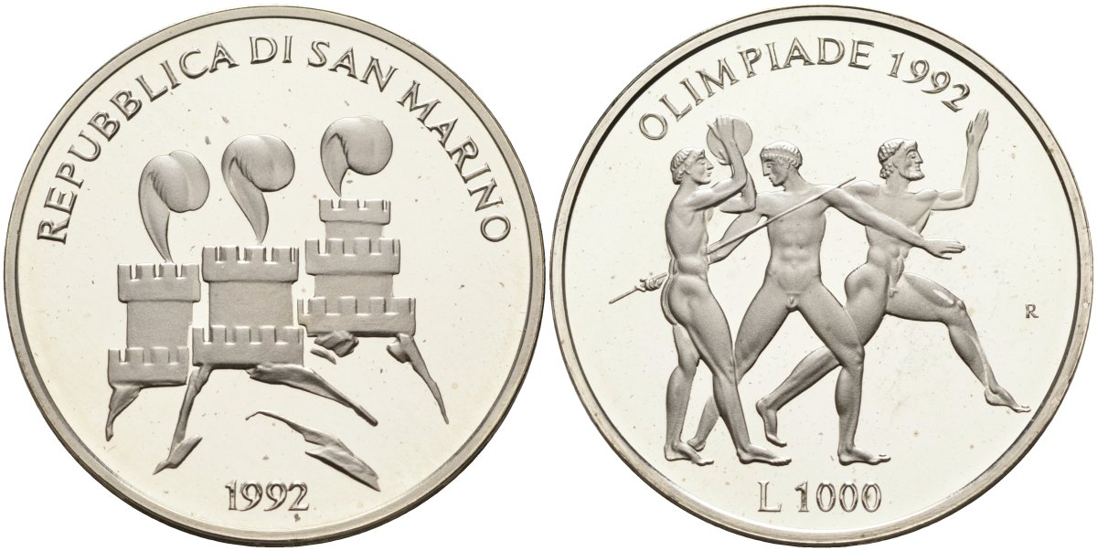 Сан-Марино 1000 лир 1992 XXV летние Олимпийские игры в Барселоне 1992 года, легкая атлетика KM 277 серебро PROOF 1096-4-31