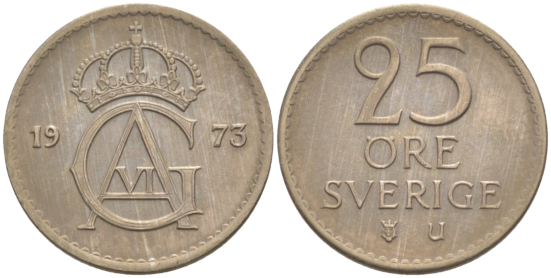 Швеция 25 эре 1973 U, Густав VI Адольф (1950-1973) KM 836 медно-никель UNC 187-842