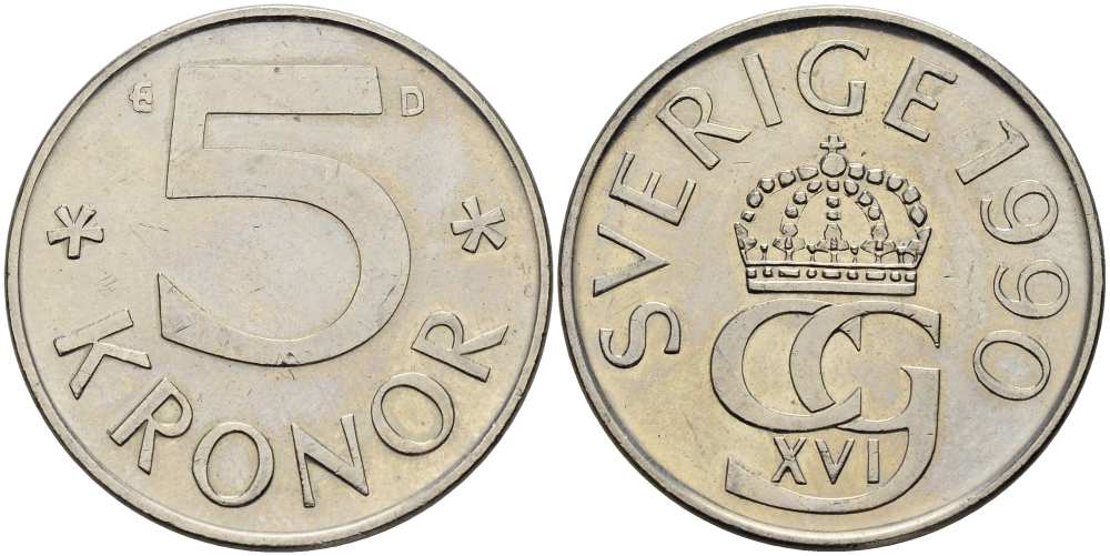 Швеция 5 крон 1990 D, Карл XVI Густав (1973- ) KM 853 медно-никель 4517-526