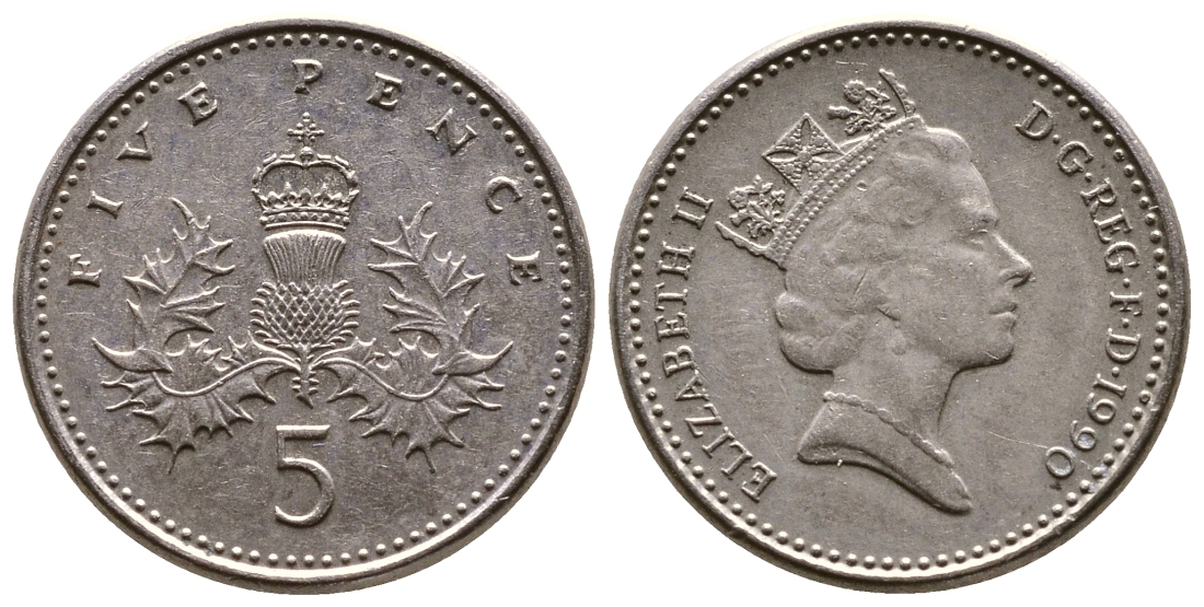 Великобритания 5 пенсов 1990 Елизавета II (1952-2022) KM 937b, Spink 4372 (D4) медно-никель 4383-151