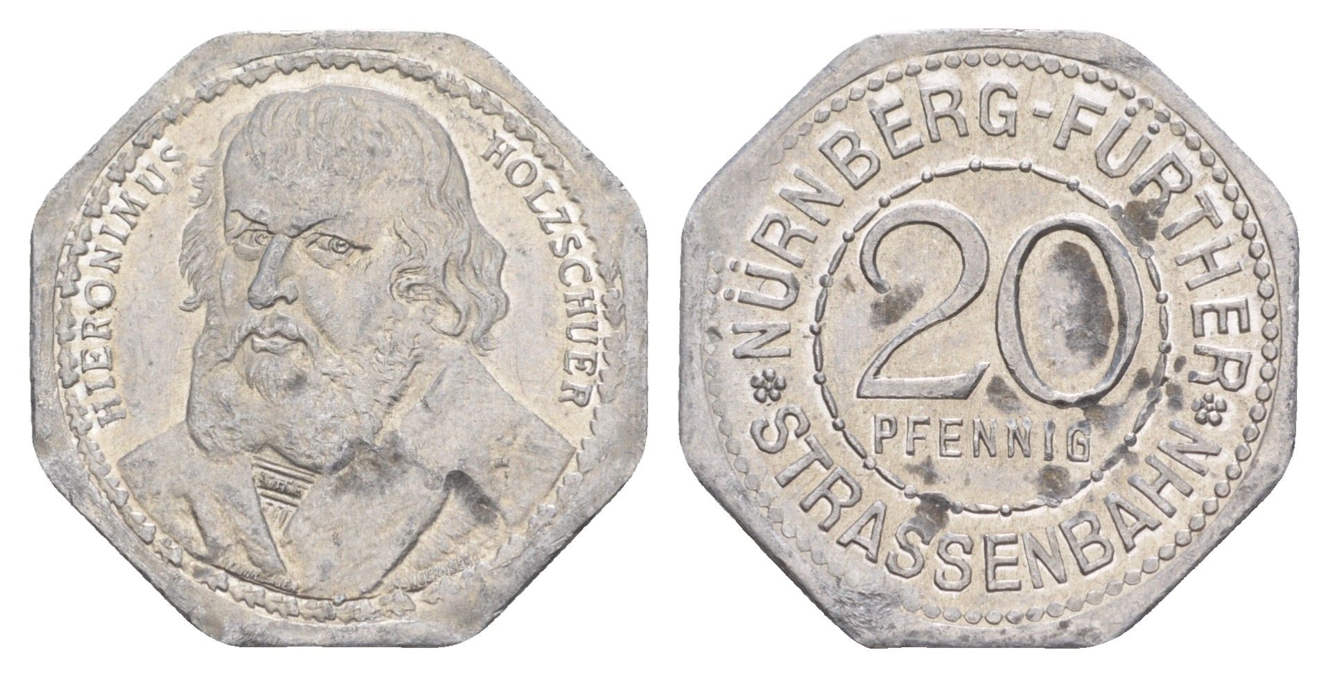 Нюрнберг трамвайный (транспортный) жетон в 20 пфеннигов ND (1920-1921) Портрет Иеронима Хольцшуэра Men05 19256.18, Men18 24102.18 алюминий UNC 3459-516