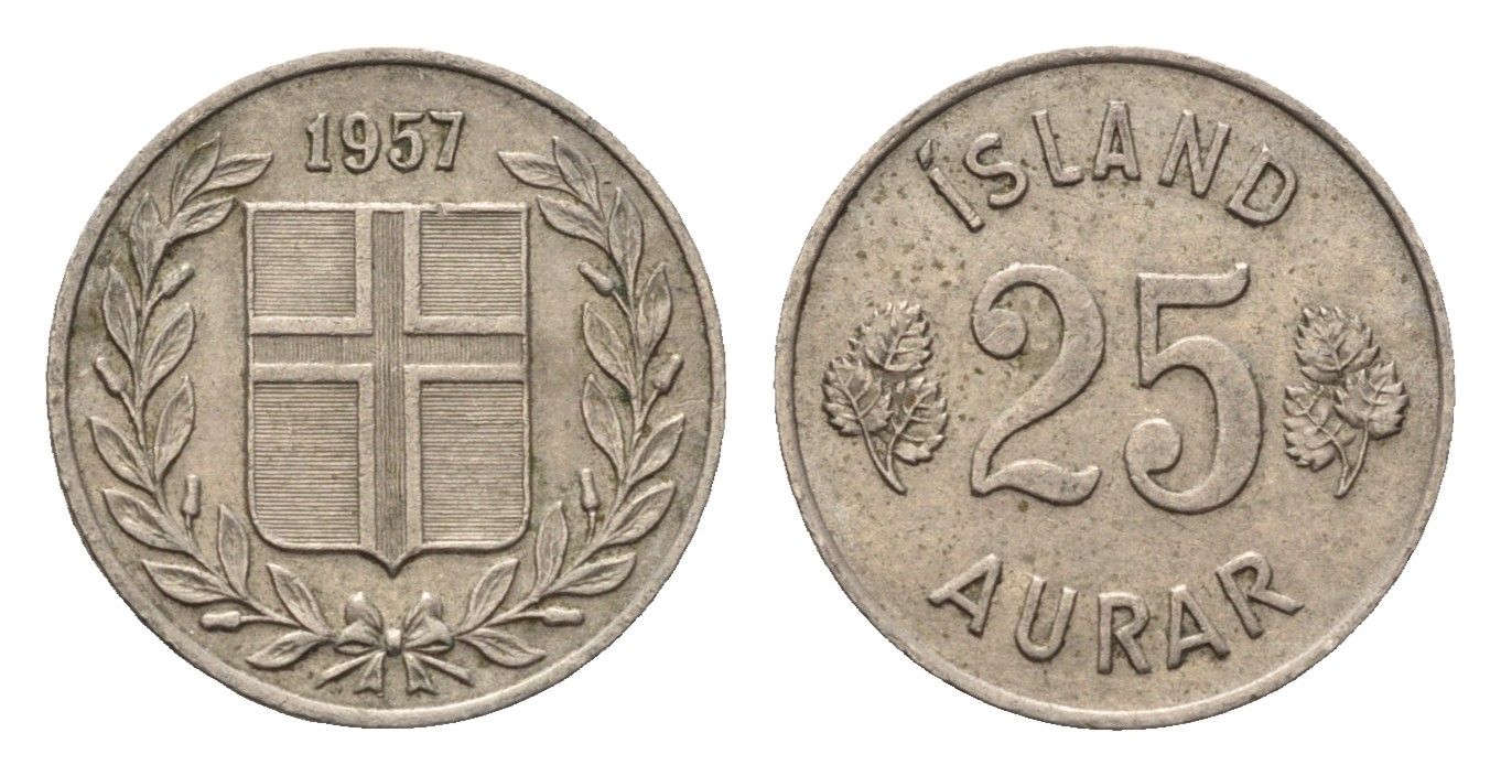 Исландия 25 эйре 1957 KM 11 медно-никель 4696-327