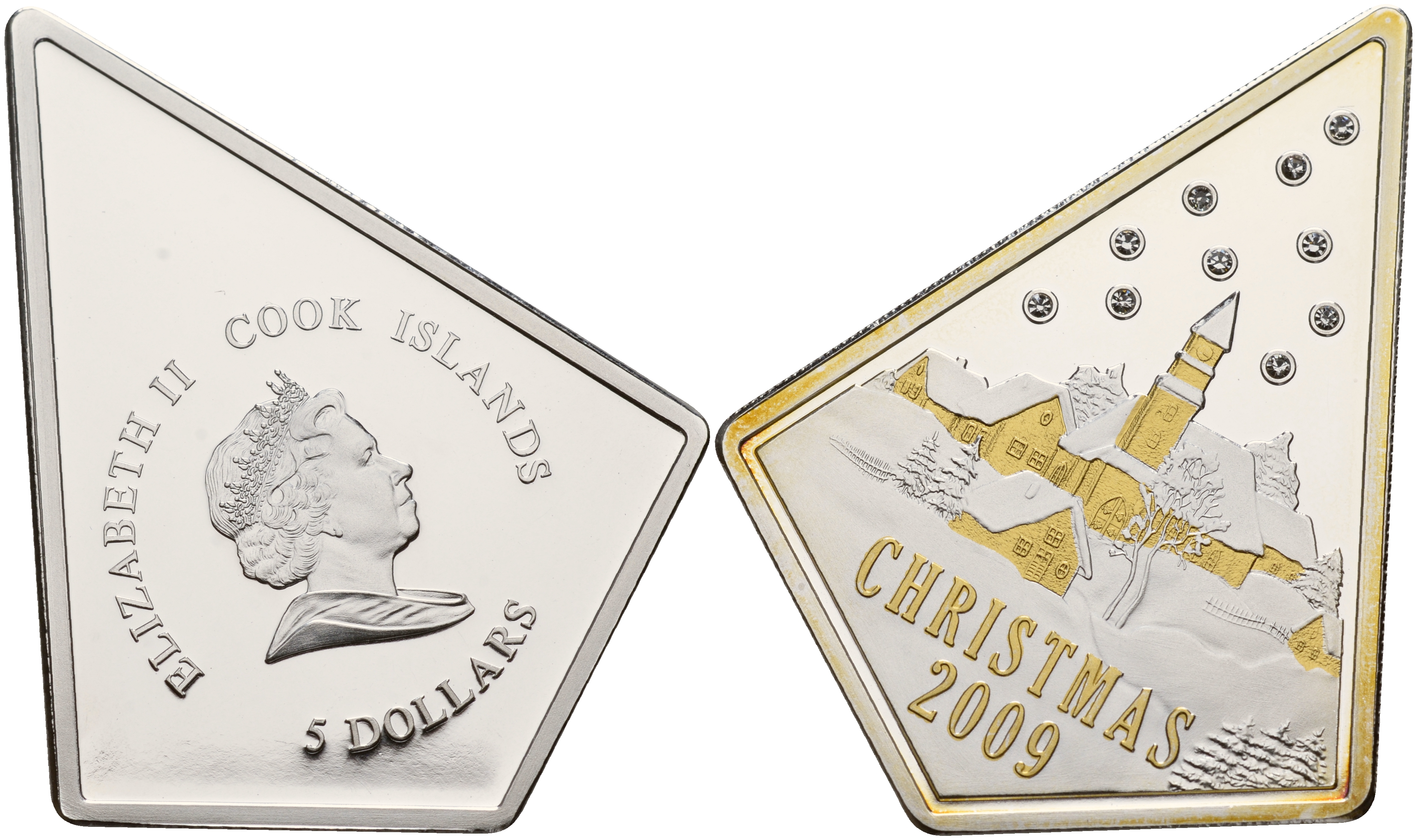Острова Кука 5 долларов 2009 Рождество, Christmas, стразы, позолота серебро PROOF 1065-2-23