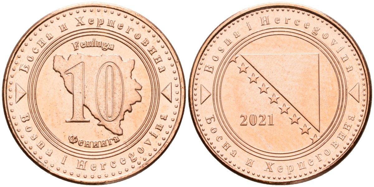 Босния и Герцеговина 10 фенигов 2021 KM 115 сталь плакированная медью UNC 4602-1022