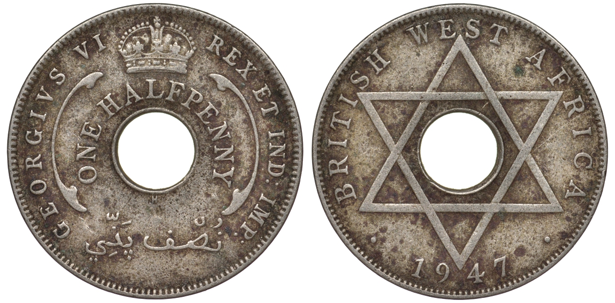 Британская Западная Африка 1/2 пенни 1947 H, Георг VI KM 18 медно-никель 25-2225