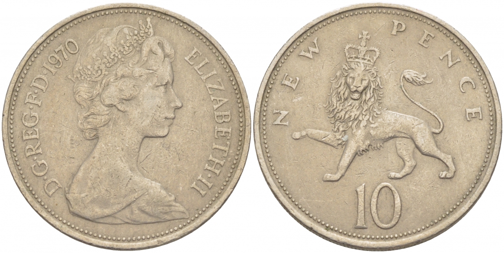 Великобритания 10 пенсов 1970 Елизавета II (1952-2022) KM 912, Spink 4231 (F1) медно-никель 4403-722