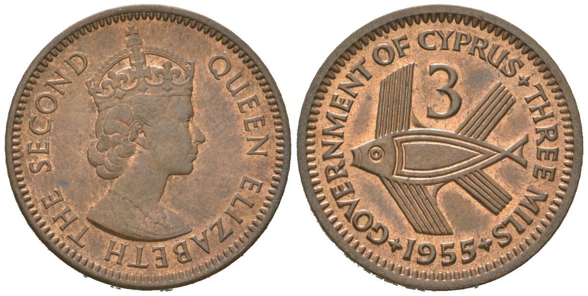 Кипр 3 миля 1955 KM 33 бронза aUNC 4573-1123