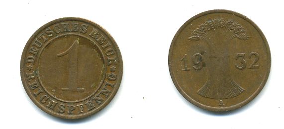 ГЕРМАНИЯ 1 РЕЙХСПФЕННИГ 1932 A KM 37, J. 313 бронза 46-1023