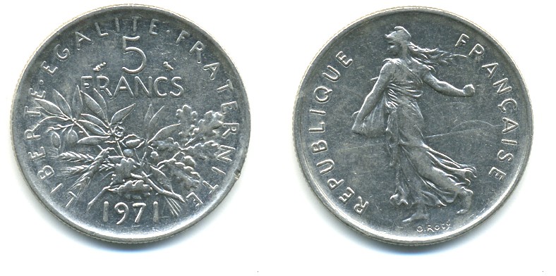 Франция 5 франков 1971 сеятель KM 926a.1, Le Franc 341.3 медно-никель плакированный никелем 57-926