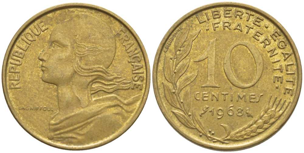 ФРАНЦИЯ 10 САНТИМОВ 1968 ТИП MARIANNE KM 929, LE FRANC 144.8 алюминиевая бронза 116-115
