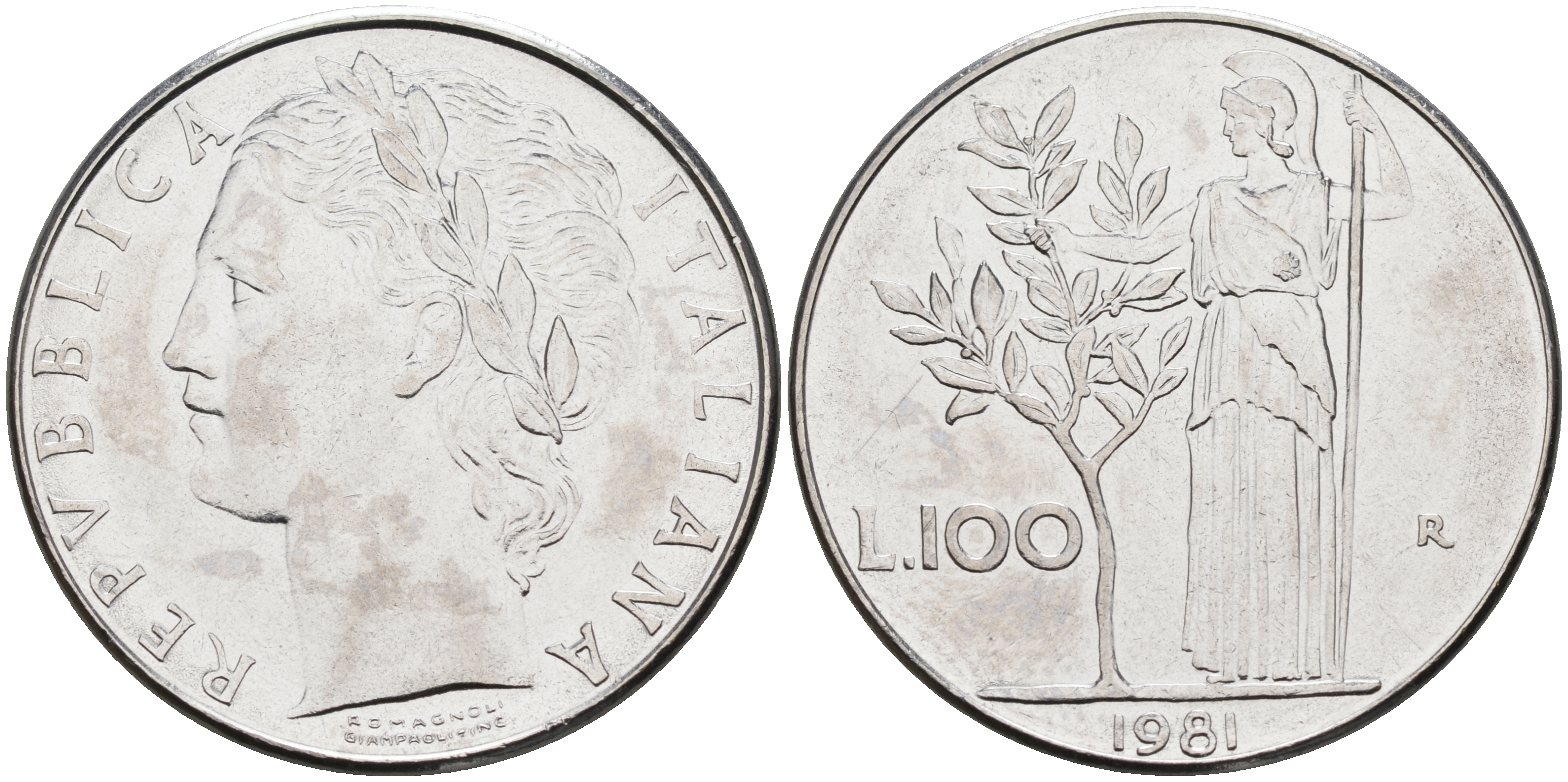 Италия 100 лир 1981 R, Афина KM 96.1 нержавеющая сталь 4117-343