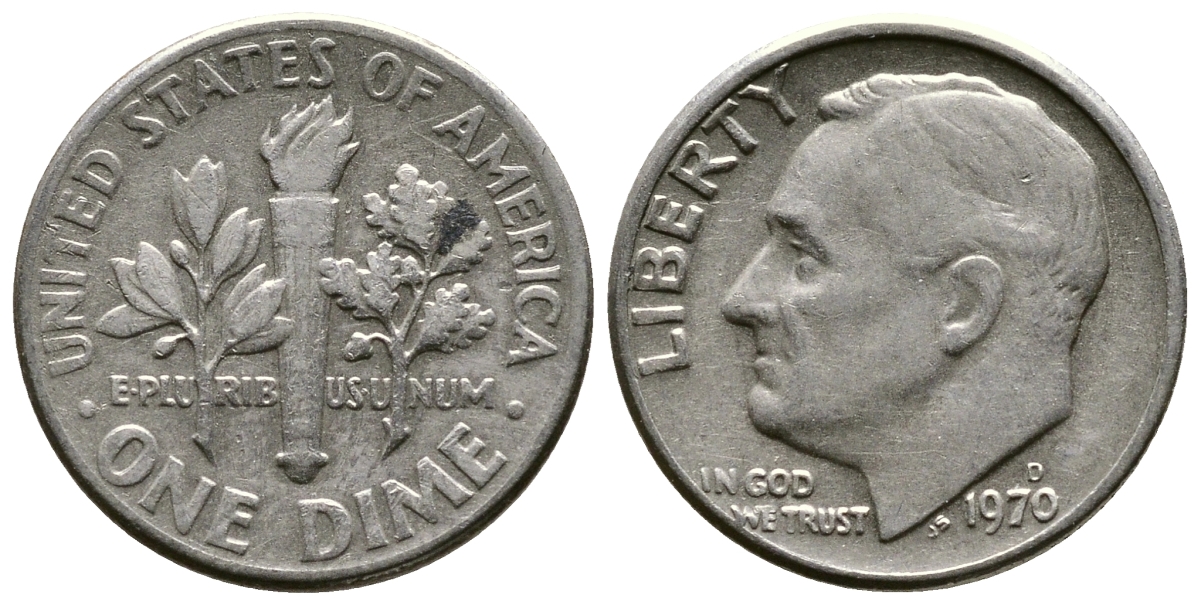 США 10 ЦЕНТОВ = 1 ДАЙМ 1970 D, РУЗВЕЛЬТ KM 195а медь плакированная медно-никелем 73-221