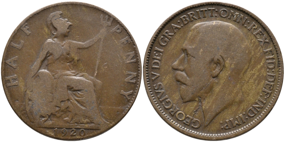 Великобритания 1/2 пенни 1920 Георг V (1910-1936) KM 809, Spink 4056 бронза 65-911