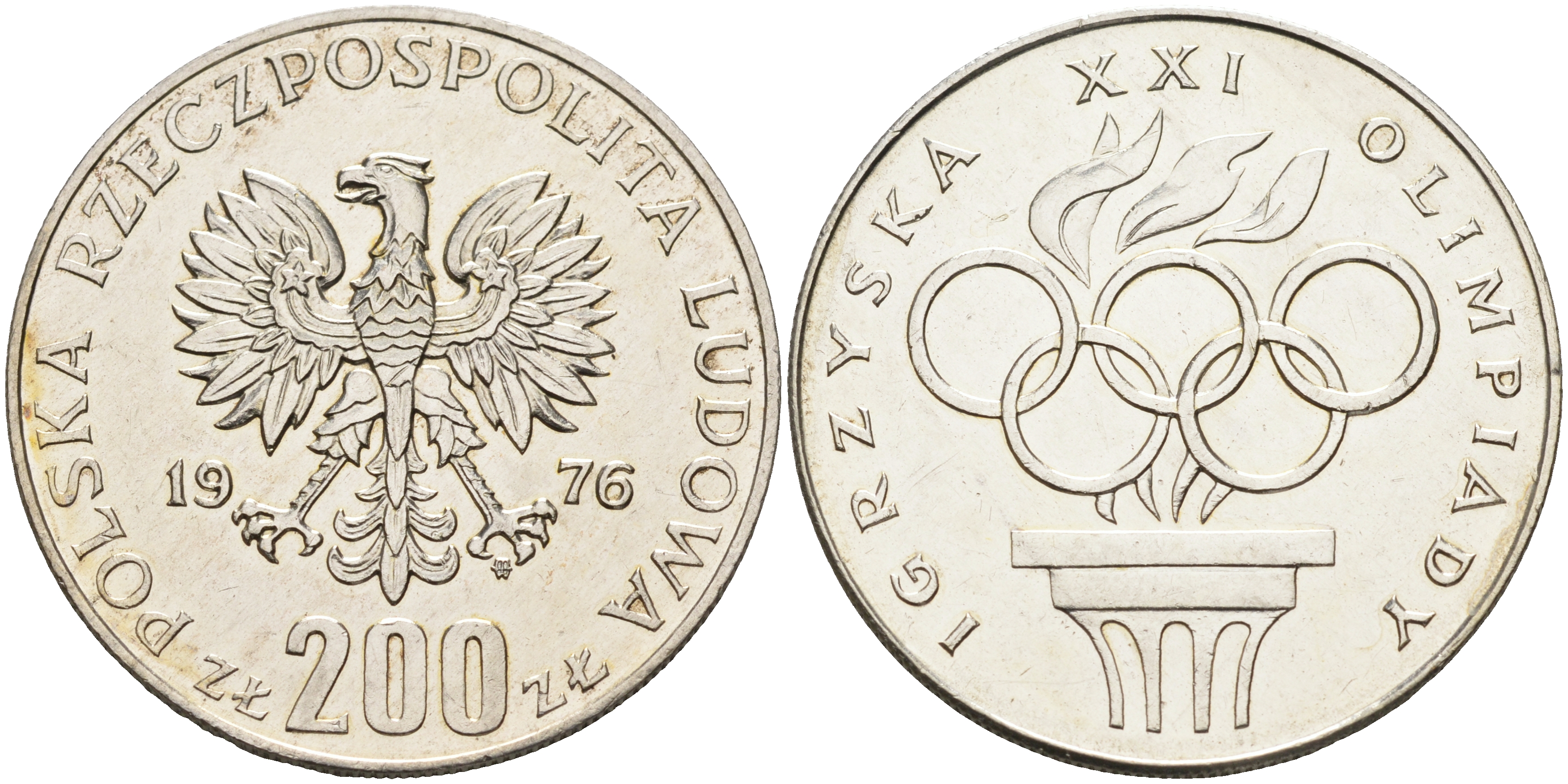 Польша 200 злотых 1976 MW, XXI олимпийские игры 1976 года в Монреале, кольца KM 86, Parchimowicz 306а серебро UNC 1522-715